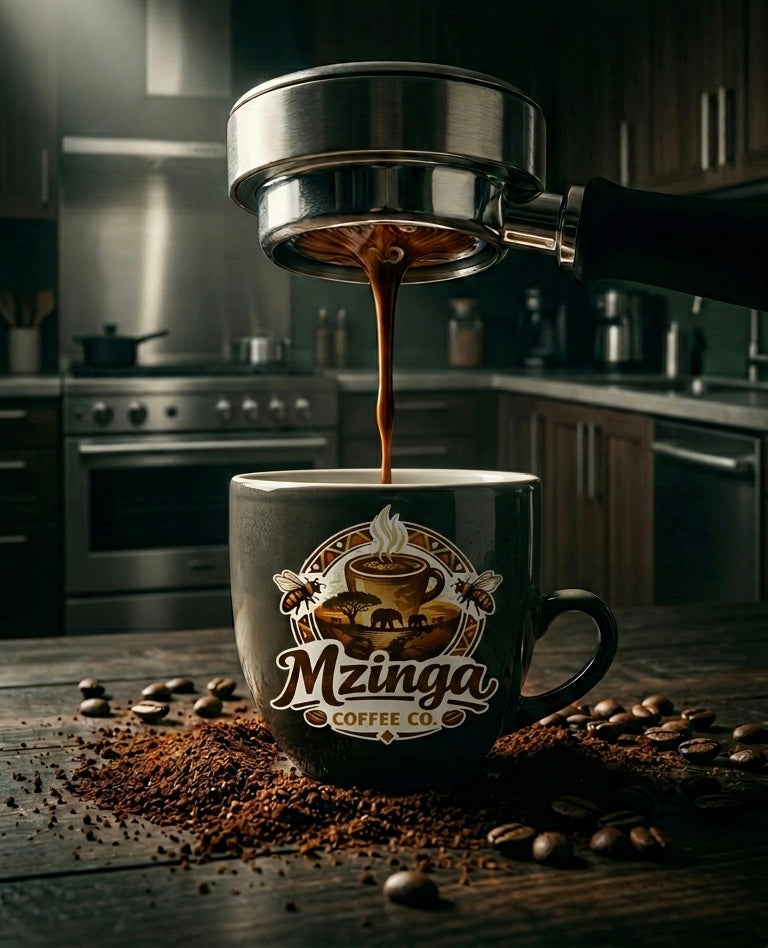 Fresh espresso shot being pulled into Mzinga Coffee Co mug