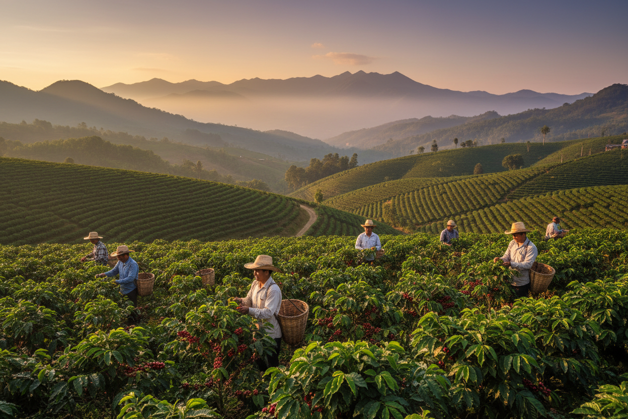Coffee farm origin story with harvesting scene