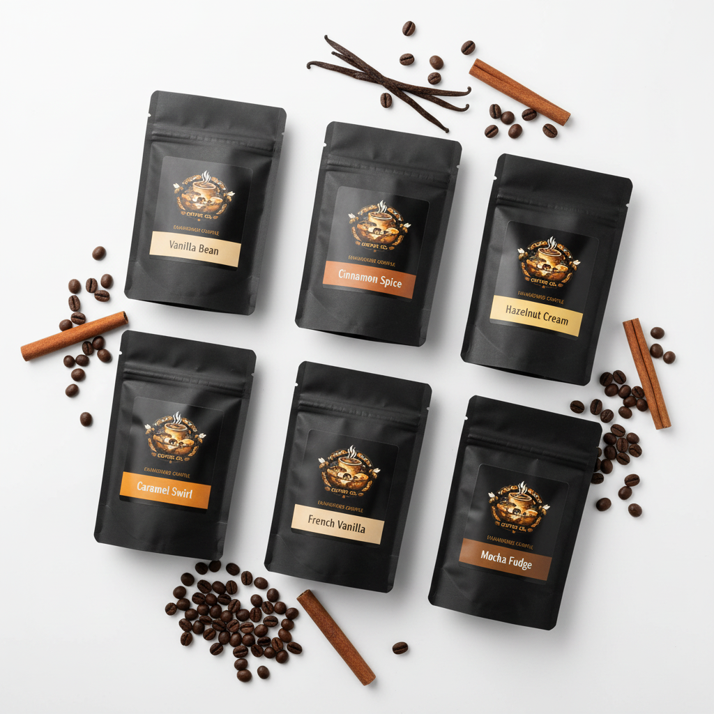 Flavored Coffee Discovery Set - 6 flavored coffee sample packs with Mzinga Coffee Co branding