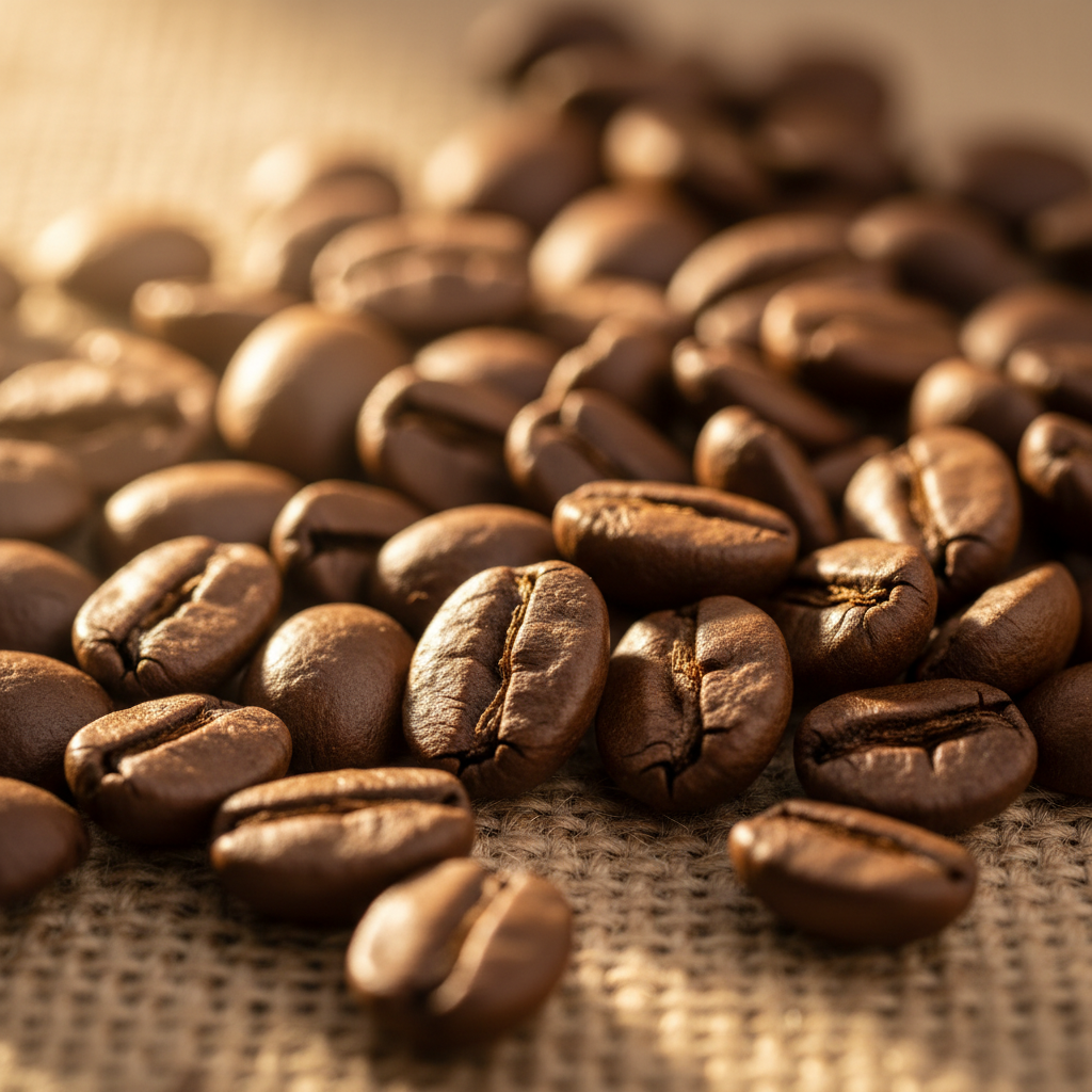 Macro close-up of roasted coffee beans