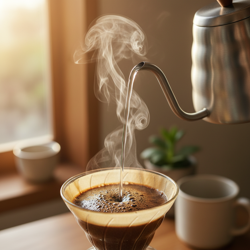Pour-over coffee brewing with steam rising